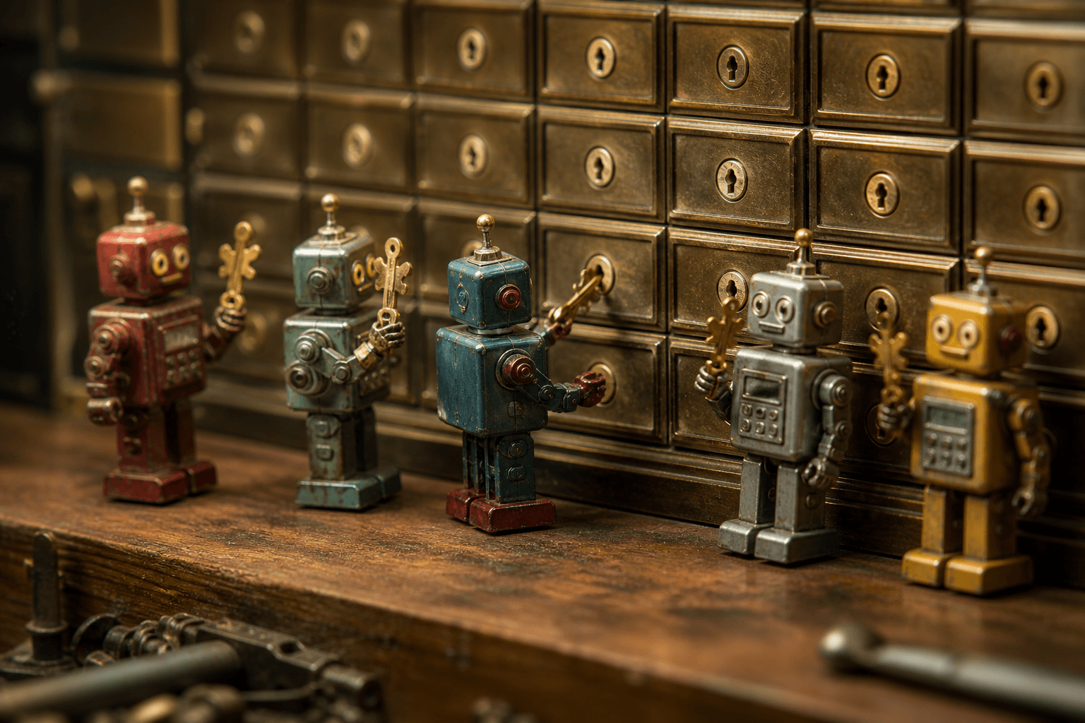 Row of tiny tin robots on a workbench, each holding its own brass key before a wall of small mailbox doors