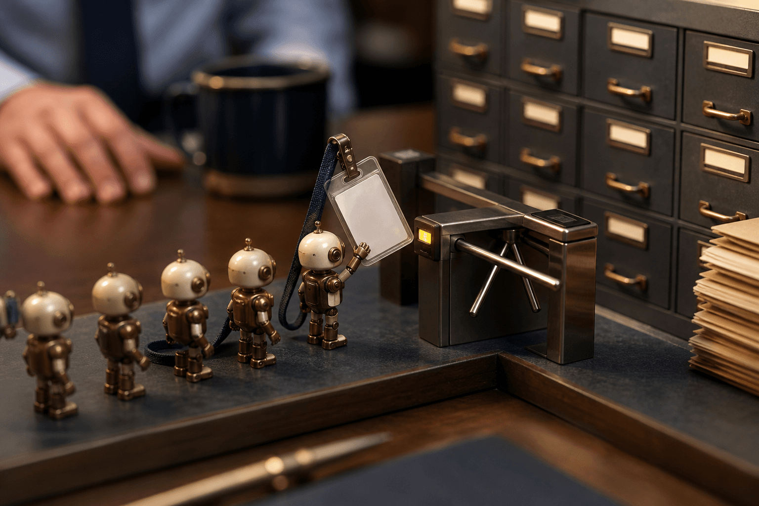 Tiny brass robots queue at a miniature desk turnstile; one holds an oversized human ID badge on a lanyard.