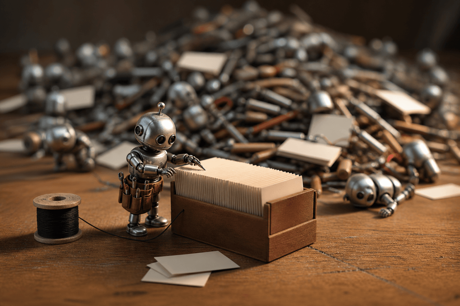 Tiny robot with a four-tool belt beside a neat card file, while background robots drown in a pile of tools