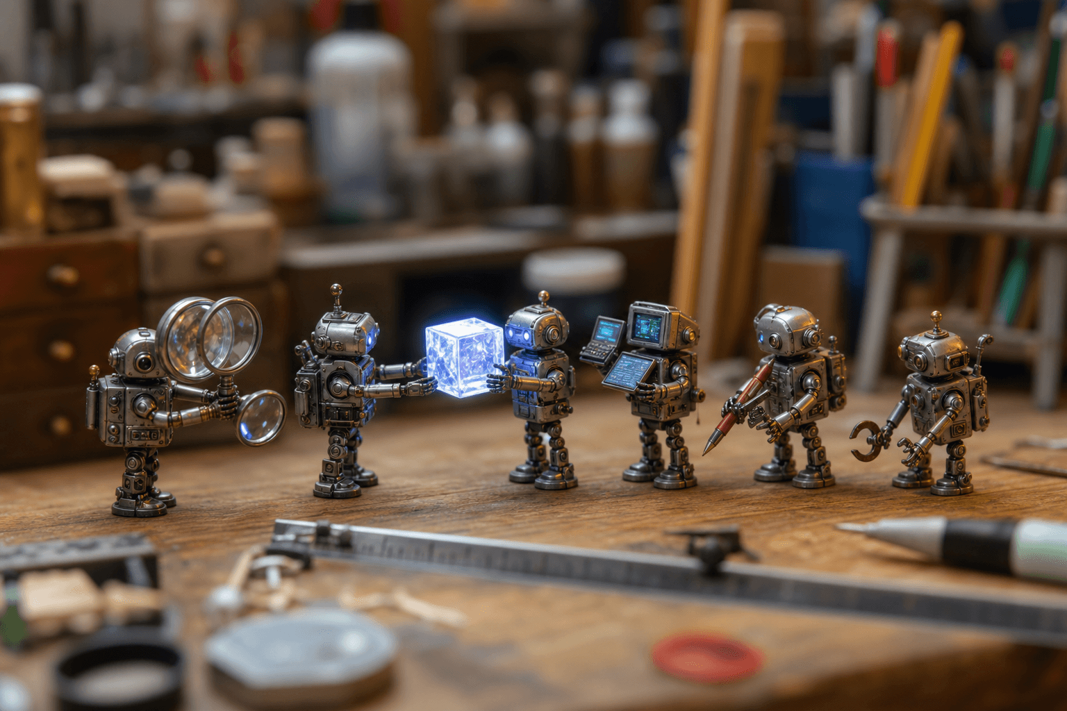 Tiny robots passing a glowing cube between them in a relay line on a workbench