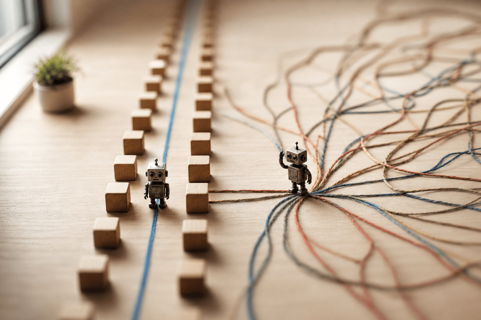 Two tiny toy robots on a desk: one on a fixed straight track, one choosing among many tangled paths.