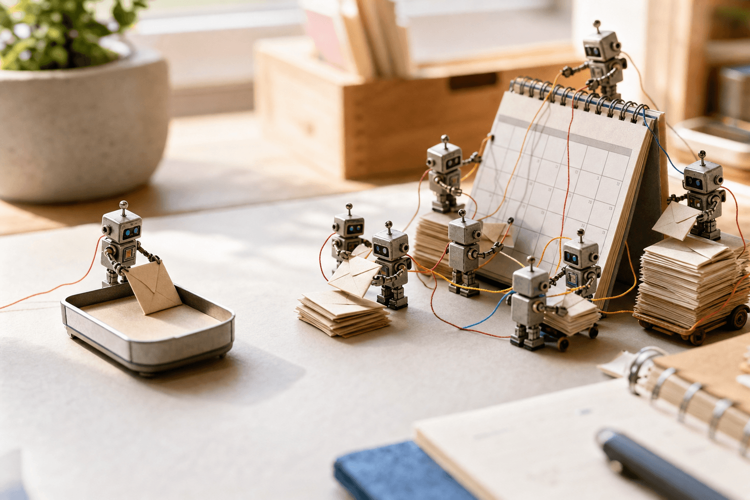 One tiny robot filing an envelope beside a coordinated crew of tiny robots sorting mail around a miniature calendar.