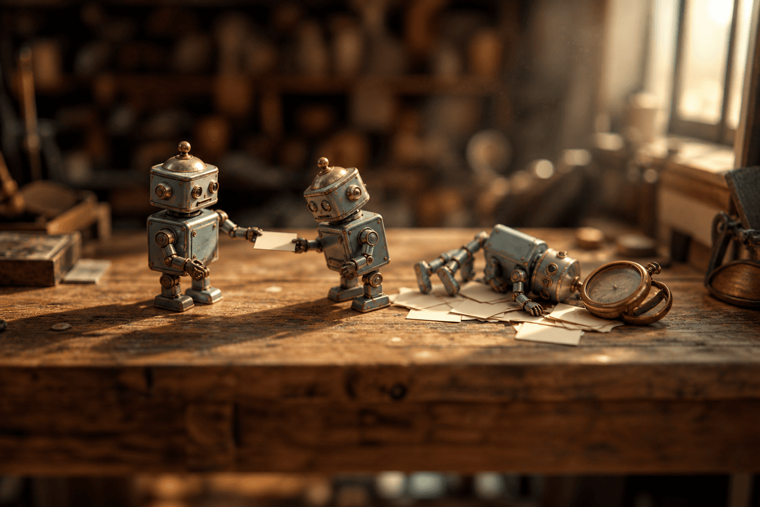 Three tiny tin robots on a workbench passing paper cards; the last one has collapsed beside scattered cards.