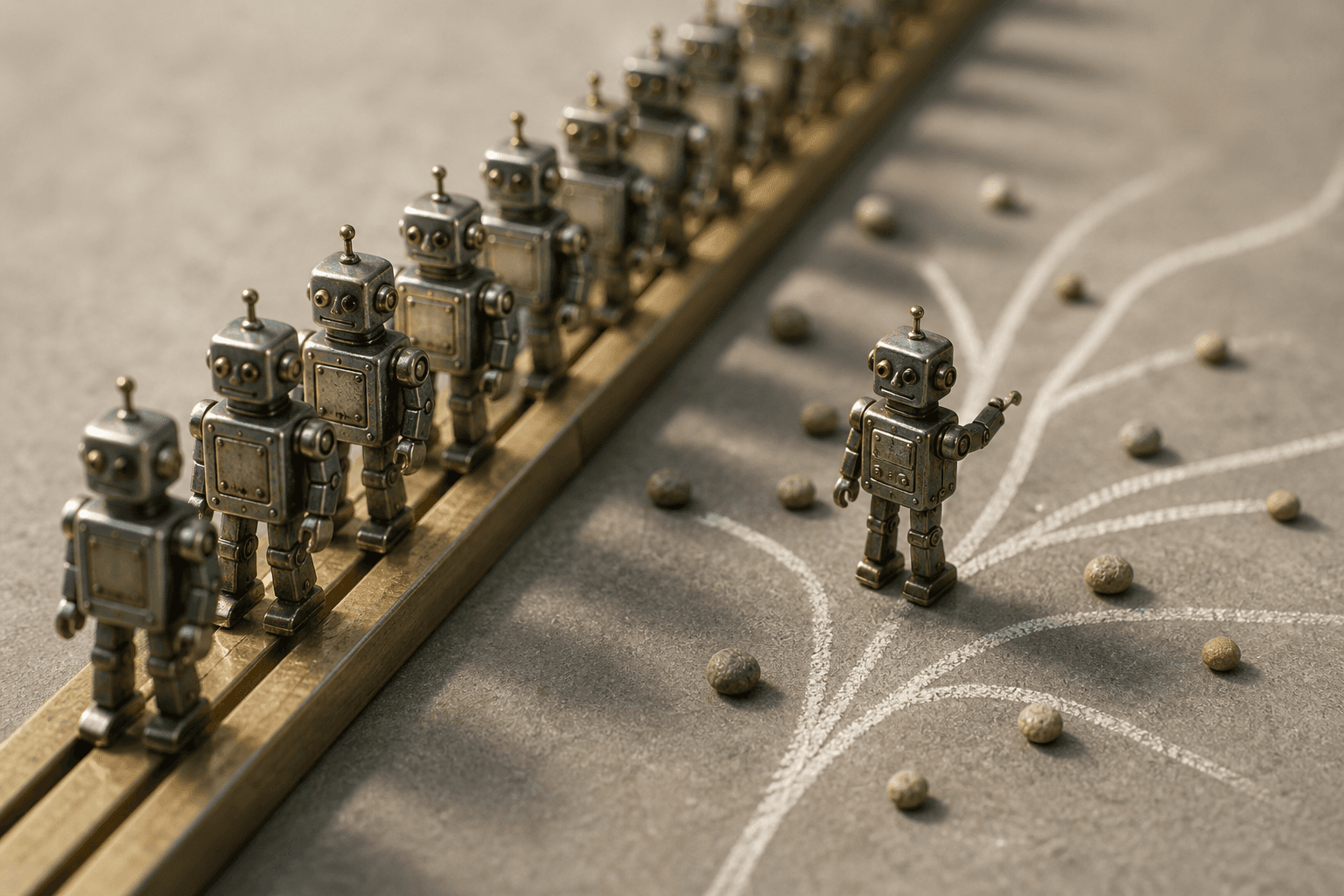 Tiny tin robots marching in single file along a brass rail while one robot stands apart among forking chalk paths.