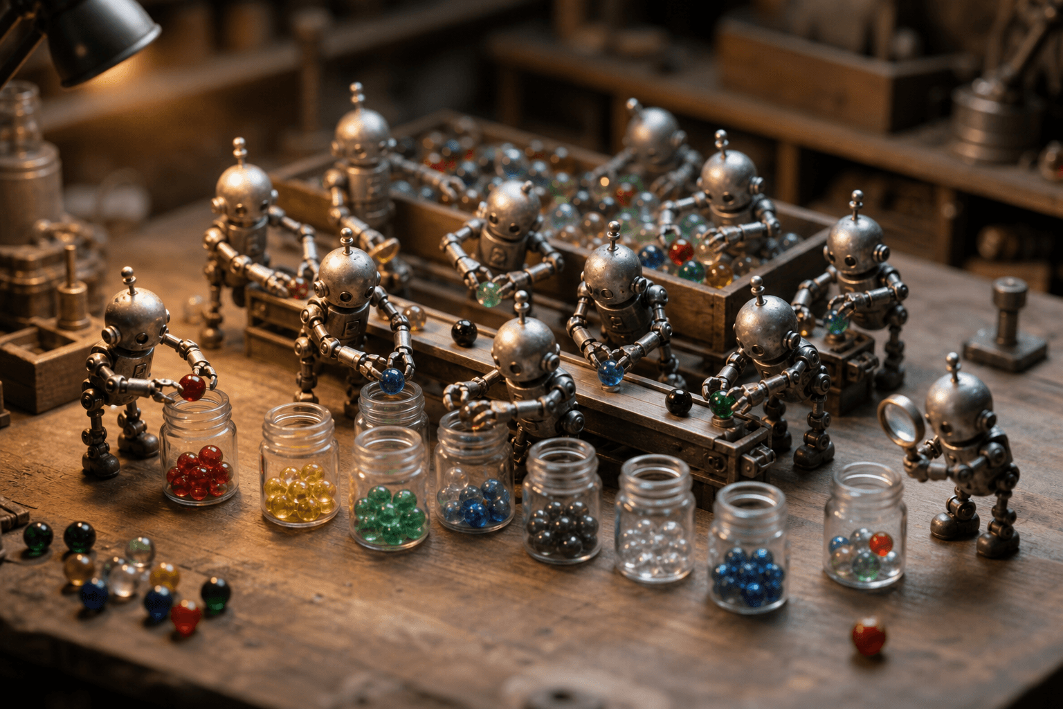 Tiny robots sorting colored marbles into separate glass jars while one inspects a single jar with a magnifying glass