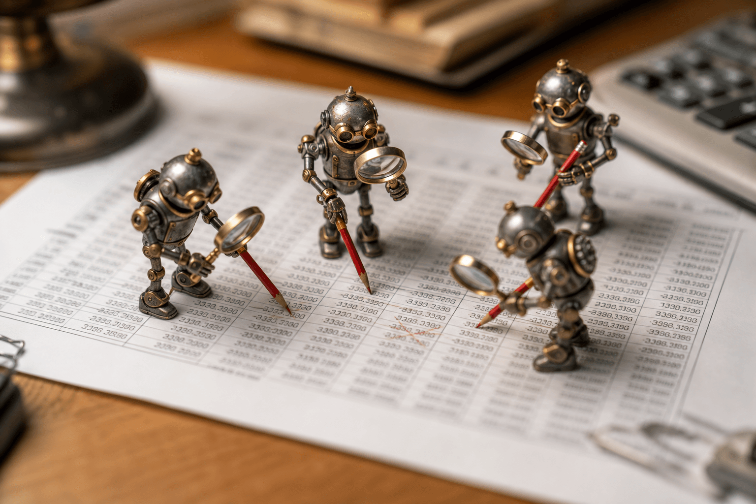 Tiny brass robots with magnifying glasses and red pencils inspecting a printed spreadsheet on a wooden desk
