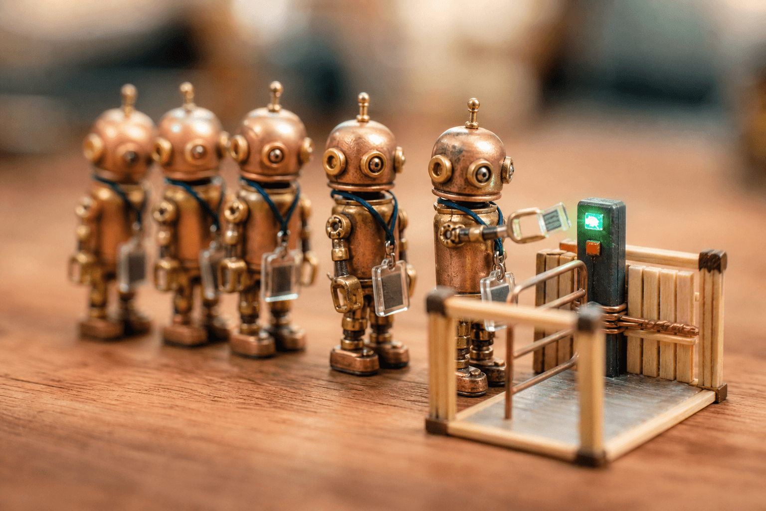 Tiny brass robots wearing blank ID badges lining up at a miniature turnstile as one swipes at a reader