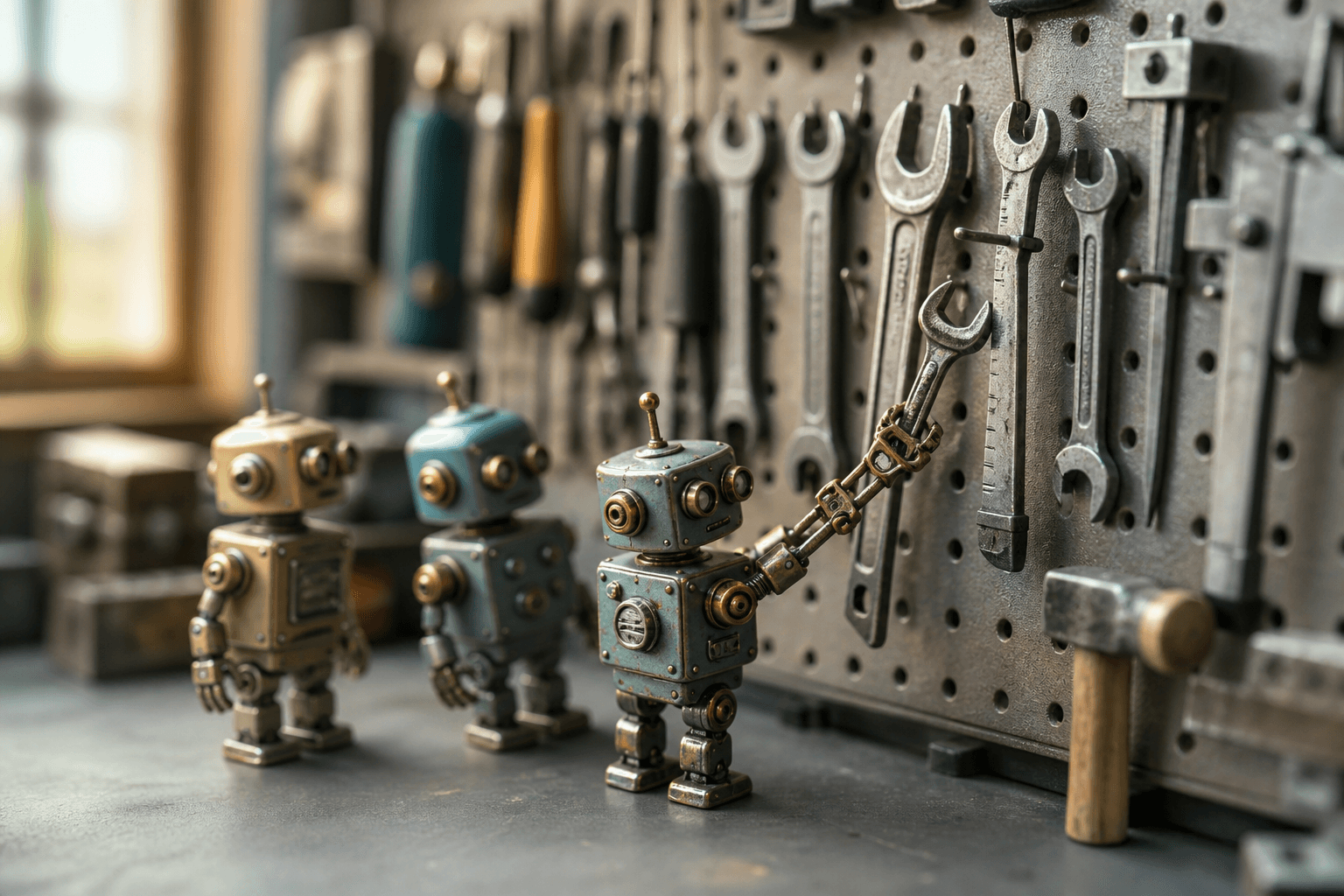Tiny tin robots at a pegboard of real hand tools, one reaching up to choose a wrench