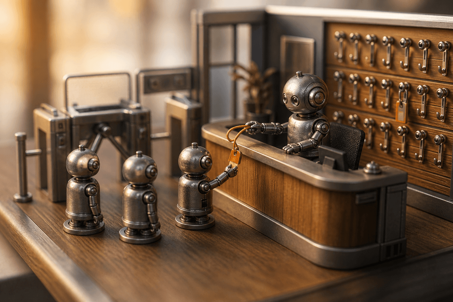 Tiny metal robots queue at a miniature security desk while a robot receptionist hands one a small badge