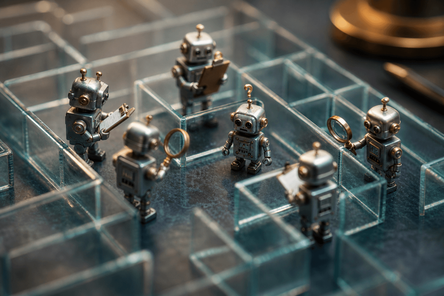 Tiny toy robots inspecting a confused robot stuck in a clear glass maze on a dark desk