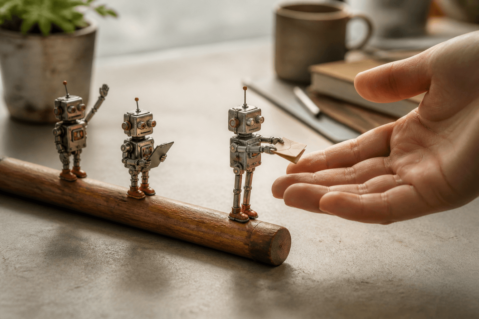Tiny tin robot on a relay baton passing a small paper file to a large open human hand, two robots waiting behind