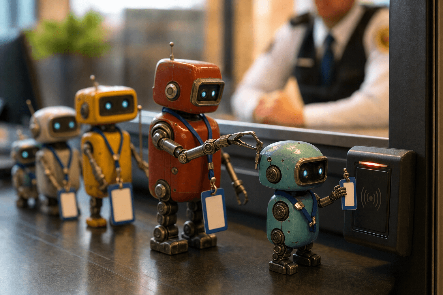 Tiny toy robots in a row wearing blank badges at a security desk, one presenting its badge to a card reader.