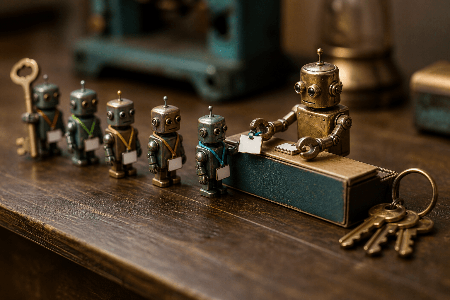 Tiny tin robots line up at a matchbox reception desk to receive blank badges on lanyards from a brass robot.