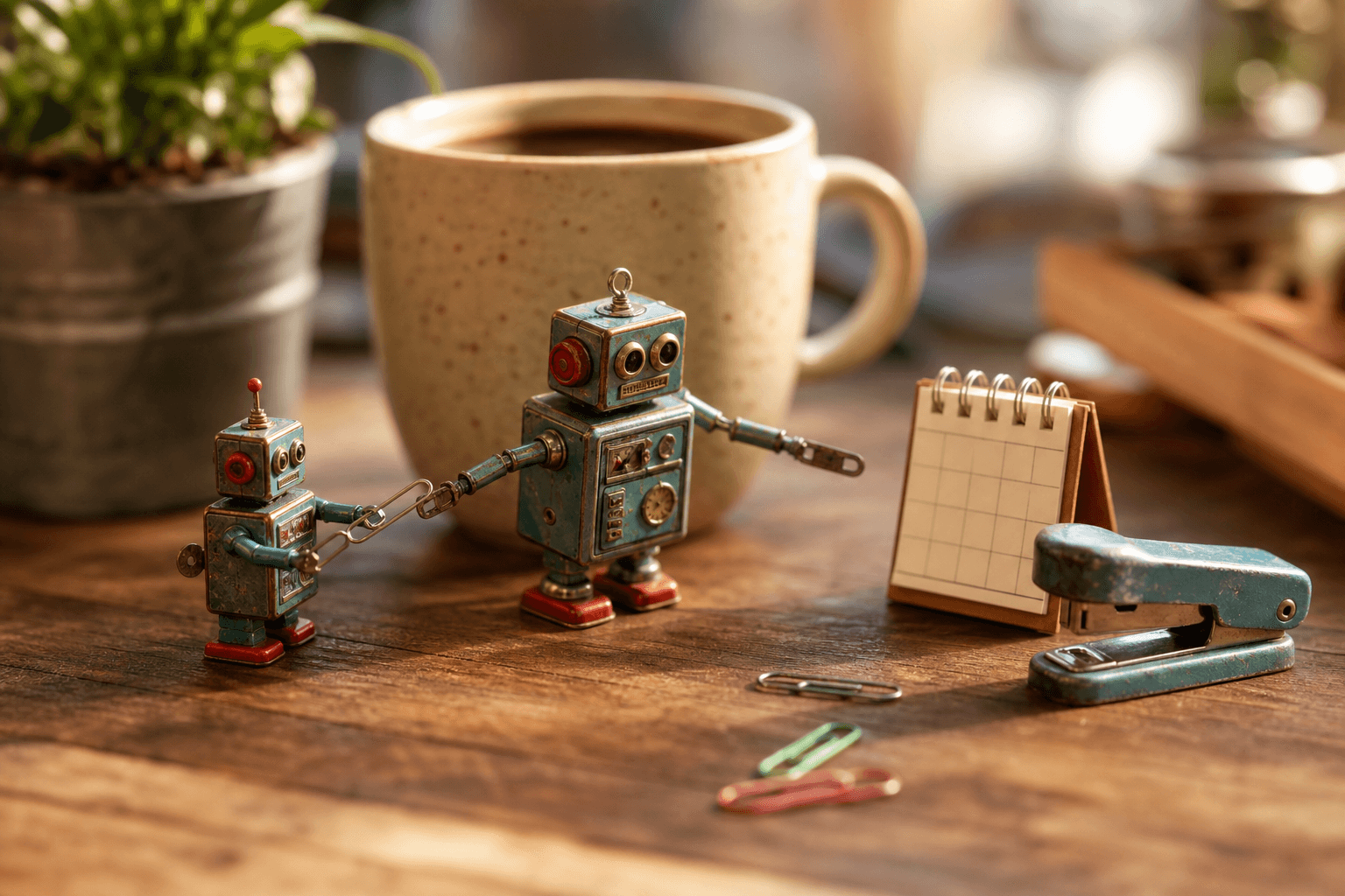 Tiny tin robots on a desk passing a paperclip in a relay toward a mini calendar block and stapler.