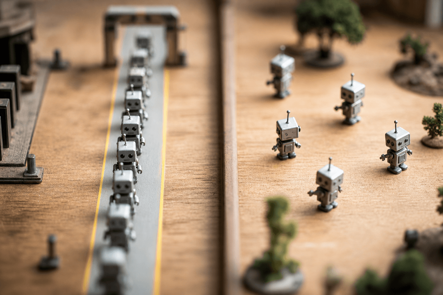 Tiny toy robots in a single-file line on a track beside others scattered freely on an open board.