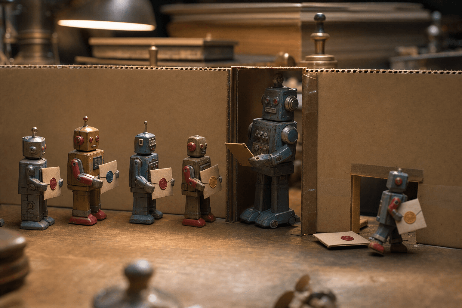 Tiny tin robots carrying sealed folders on a desk, one sneaking through a gap as a guardian robot checks the rest.