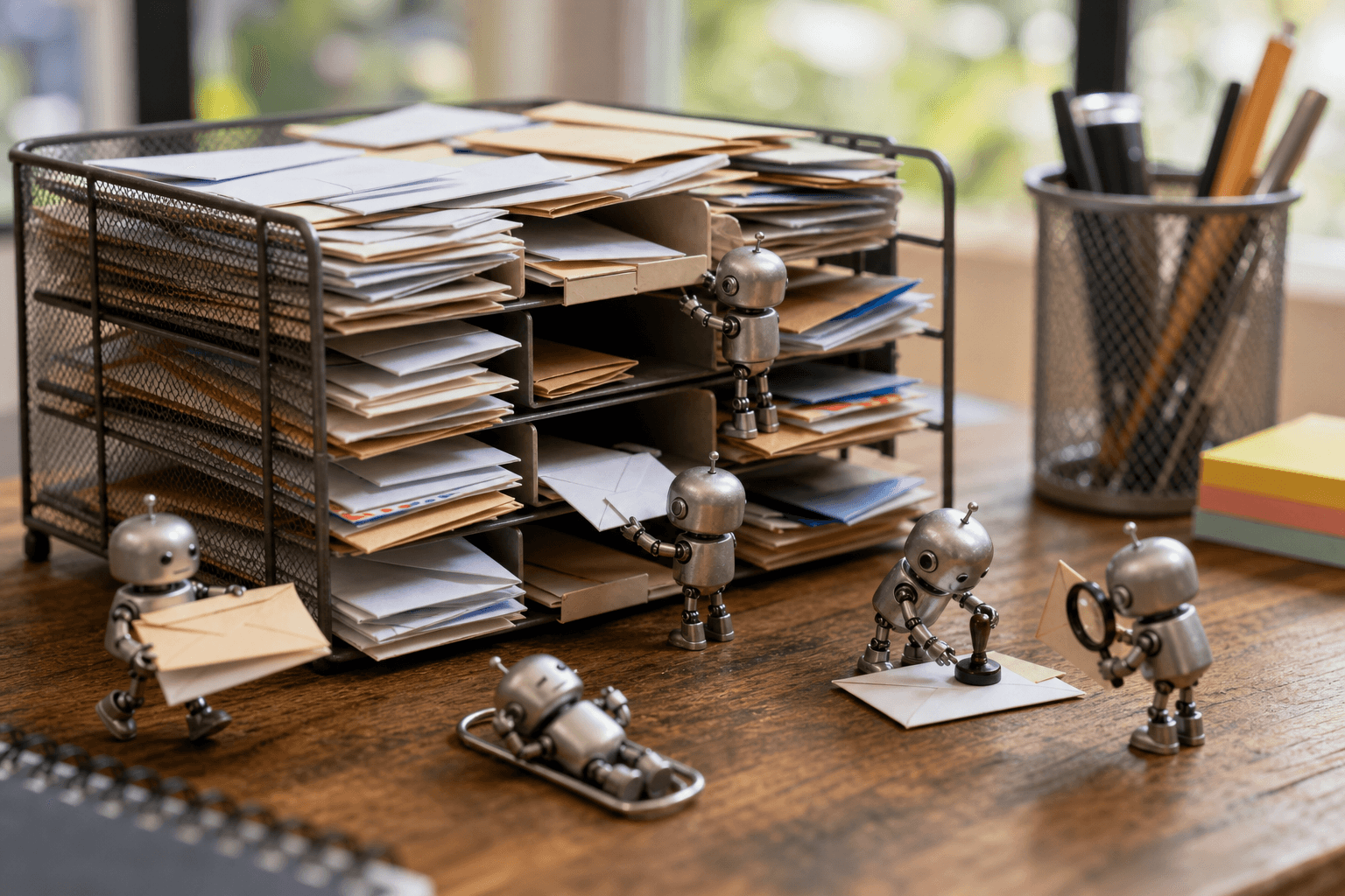 Tiny metal robots sorting paper envelopes from an overflowing desk inbox tray into labeled slots.