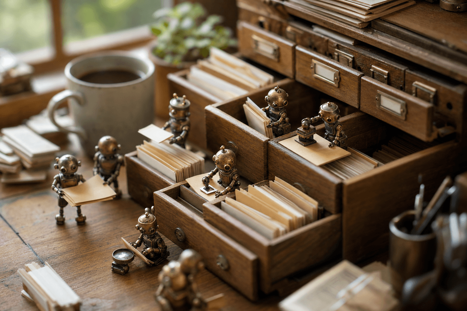 Tiny brass robots on a desk sorting paper folders into a filing cabinet beside a coffee mug
