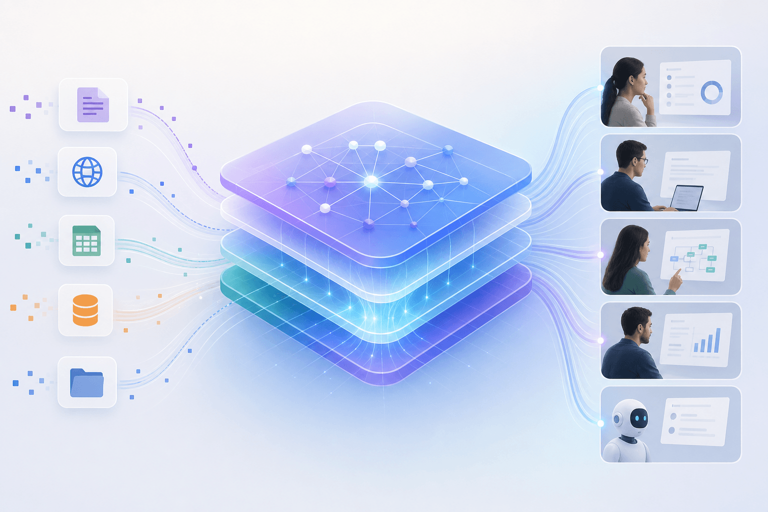 A 3D visualization of interconnected digital nodes representing various productivity tools like email and spreadsheets.