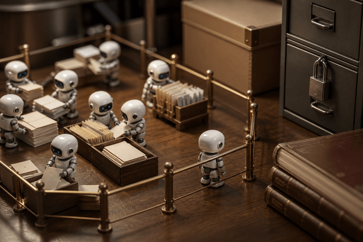 Tiny robots sorting envelopes inside a small brass-railed desktop pen, with a locked filing cabinet outside