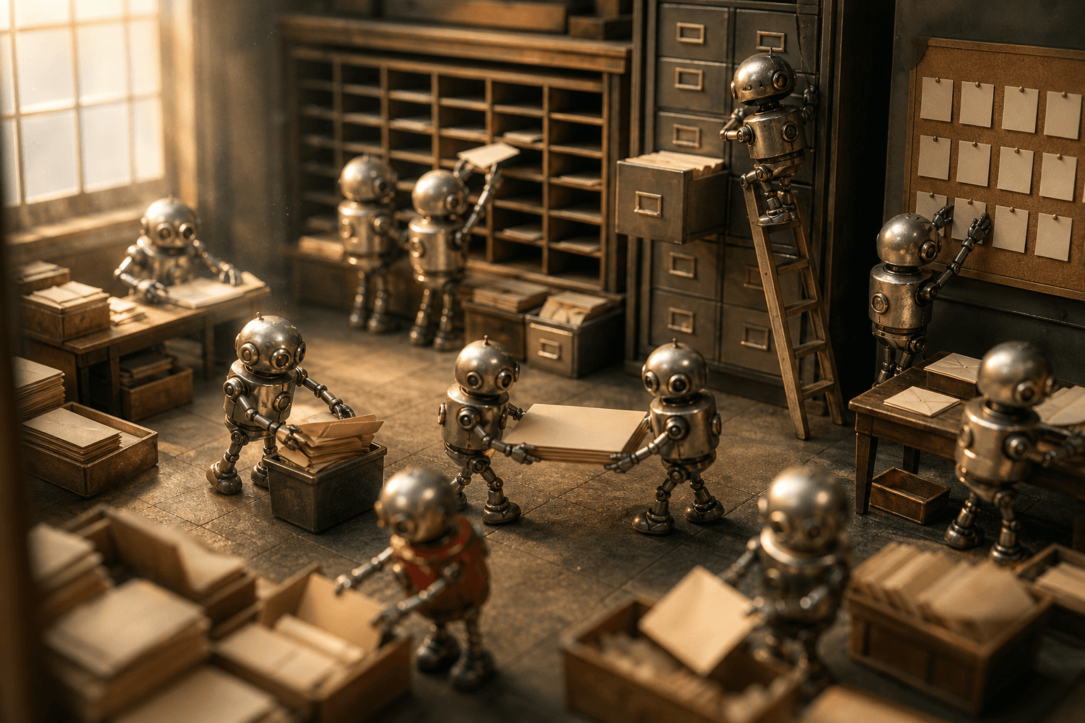 Tiny metal robots sorting blank envelopes into pigeonholes in a miniature mail room lit by morning light