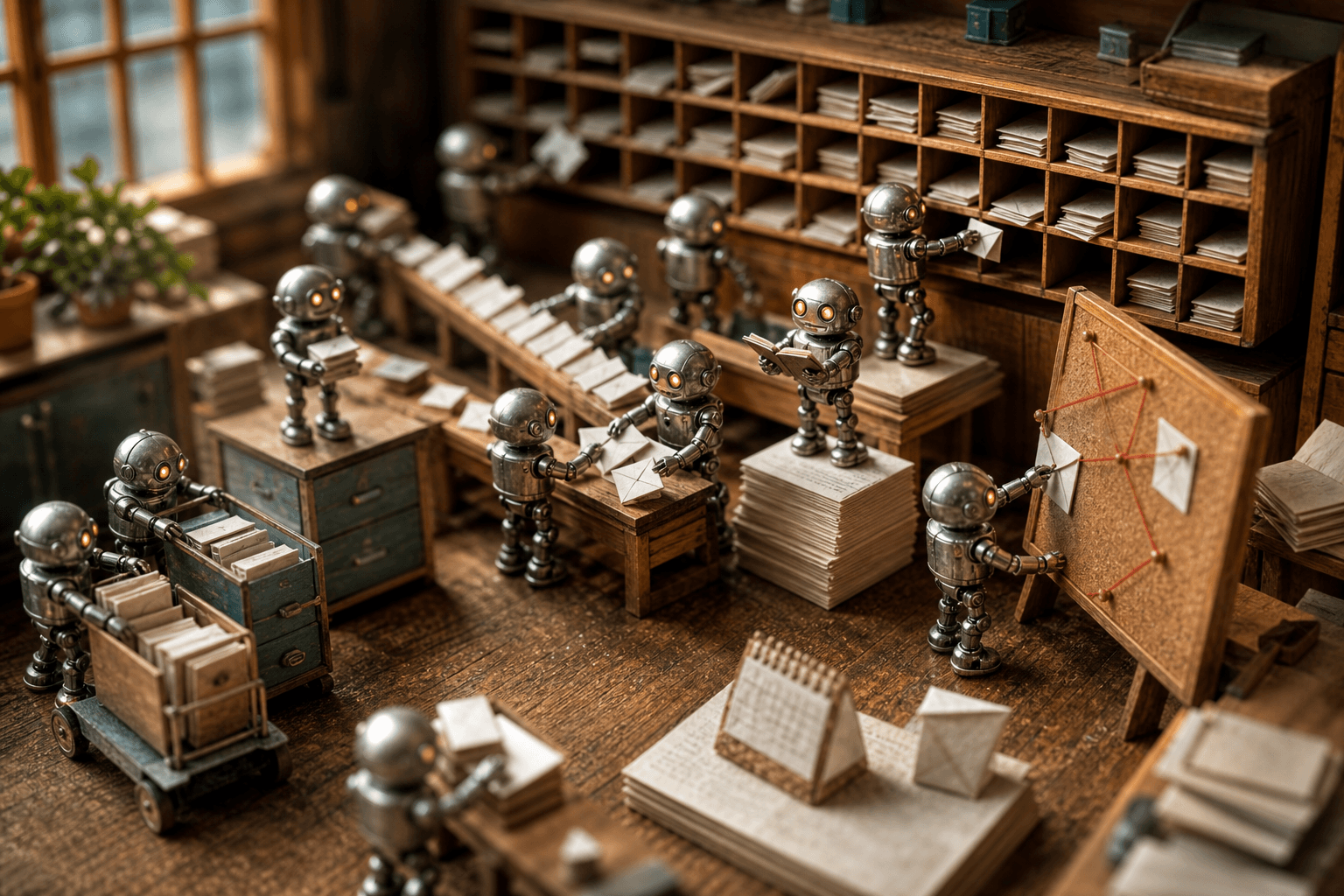 Tiny metal robots on a wooden desk sorting small paper envelopes into pigeonhole slots, folders, and a corkboard