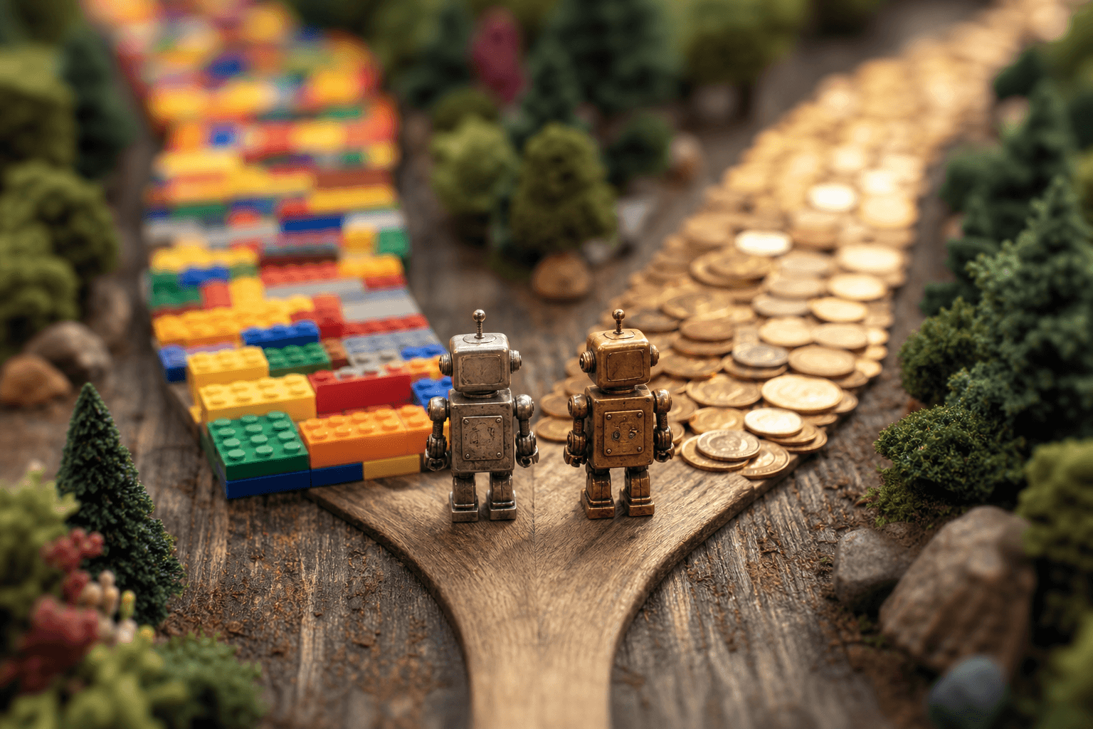 Two tiny robots at a forked road, one path made of building blocks and one of coins