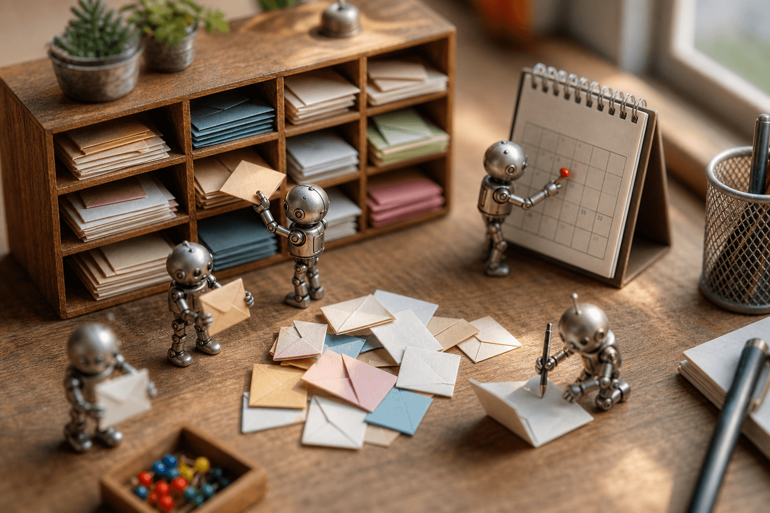 Tiny metal robots on a desk sorting miniature envelopes into cubbyholes, one writing, one pinning a calendar date.
