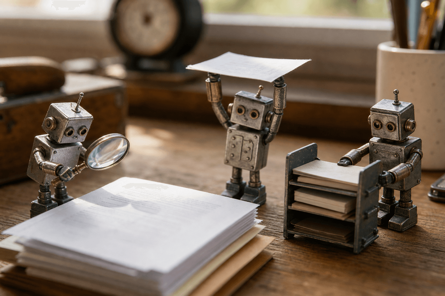 Tiny tin robots on a wooden desk inspecting and carrying paper documents with a magnifying glass.