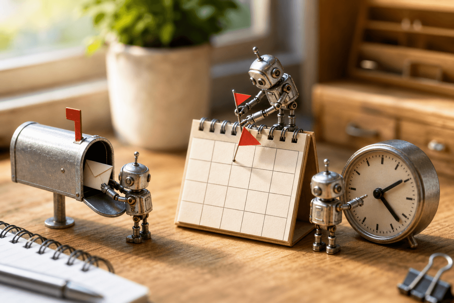 Tiny robots on a wooden desk handling a paper letter, pinning a flag on a calendar, and pointing at a clock.