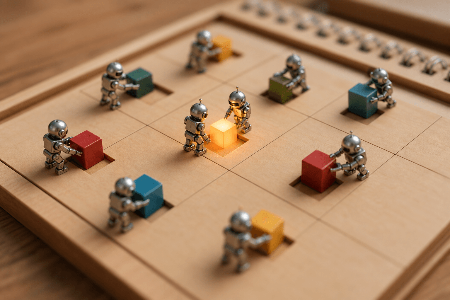 Tiny robots arranging colored blocks into slots on a large wooden grid calendar under warm light