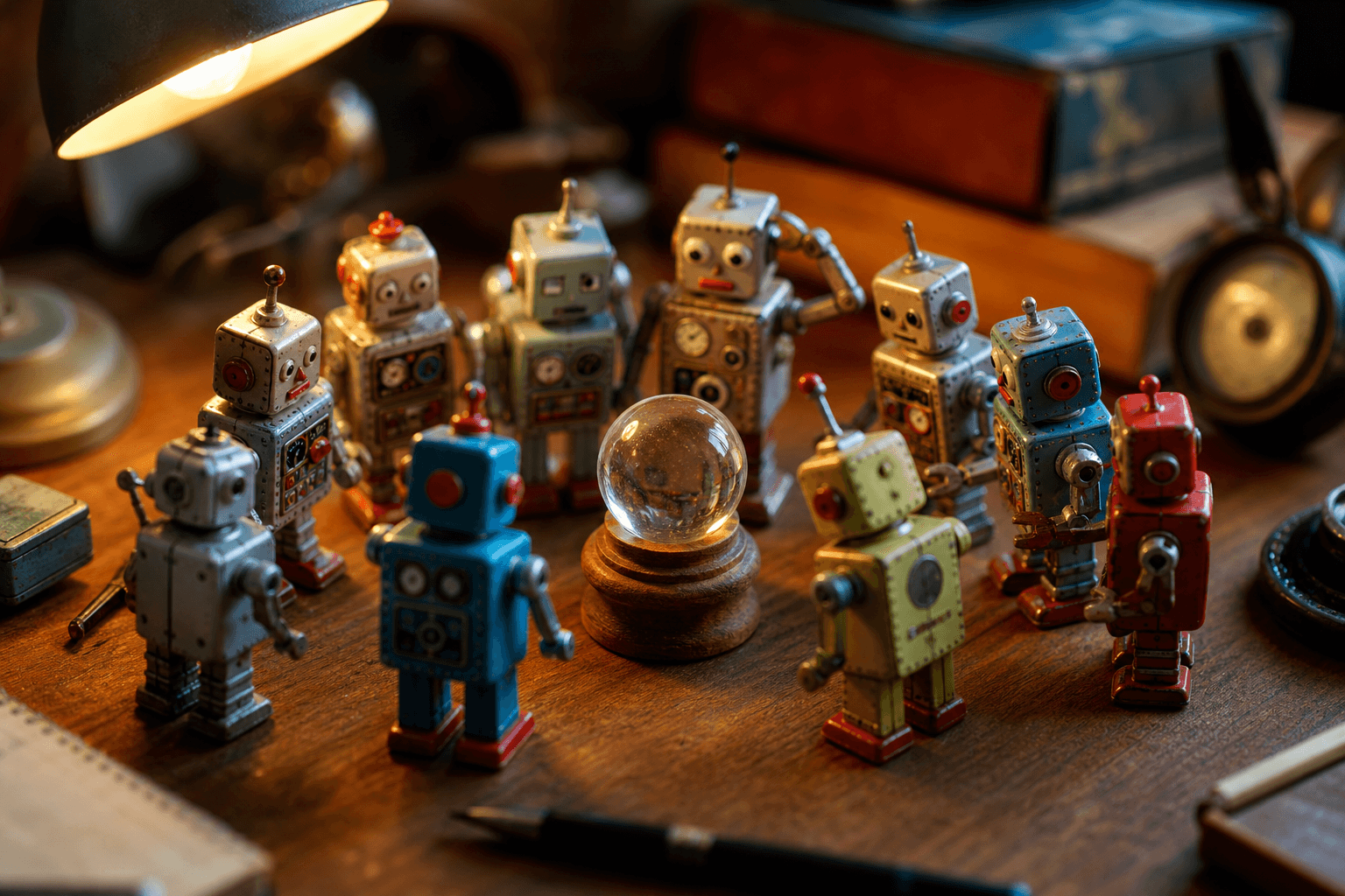 Tiny tin robots gathered around a small crystal ball on a desk, some peering in, one puzzled, under warm light