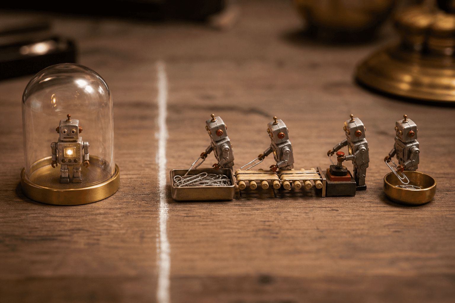 One tiny tin robot idle under a glass dome beside four identical robots working a relay assembly line on a desk