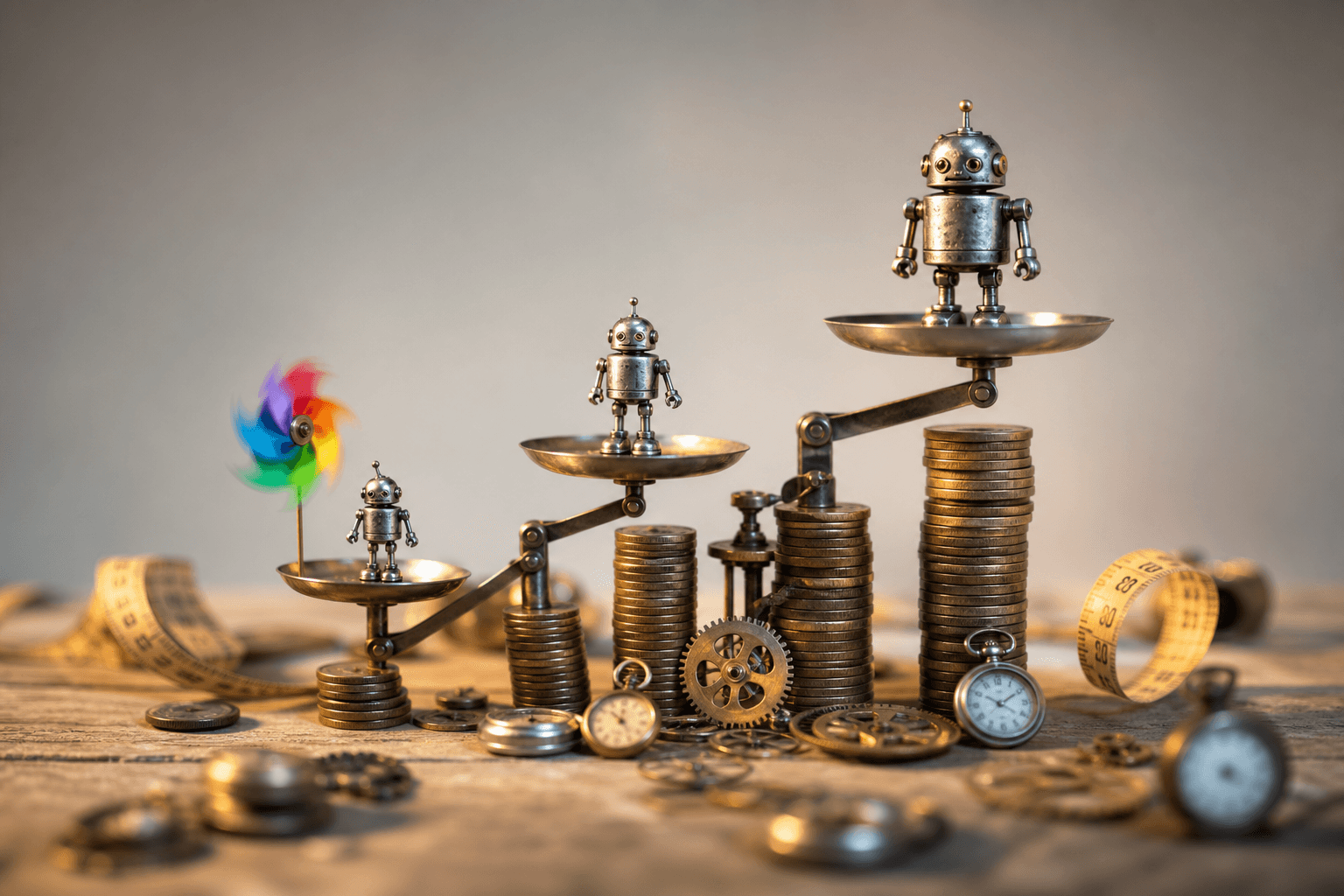 Tiny metal robots on different sized weighing scales balanced against coins, gears, and stopwatches on a workbench.