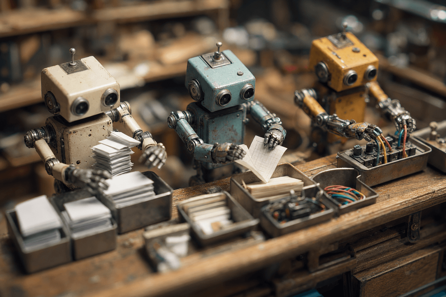 Three tiny robots on a workbench each doing a different sorting task into separate bins