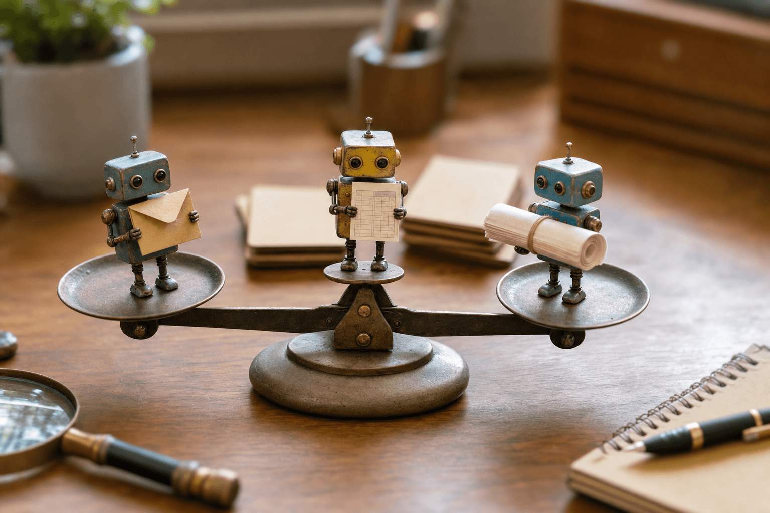 Three tiny robots holding an envelope, a spreadsheet, and documents while standing on a small balance scale on a desk.
