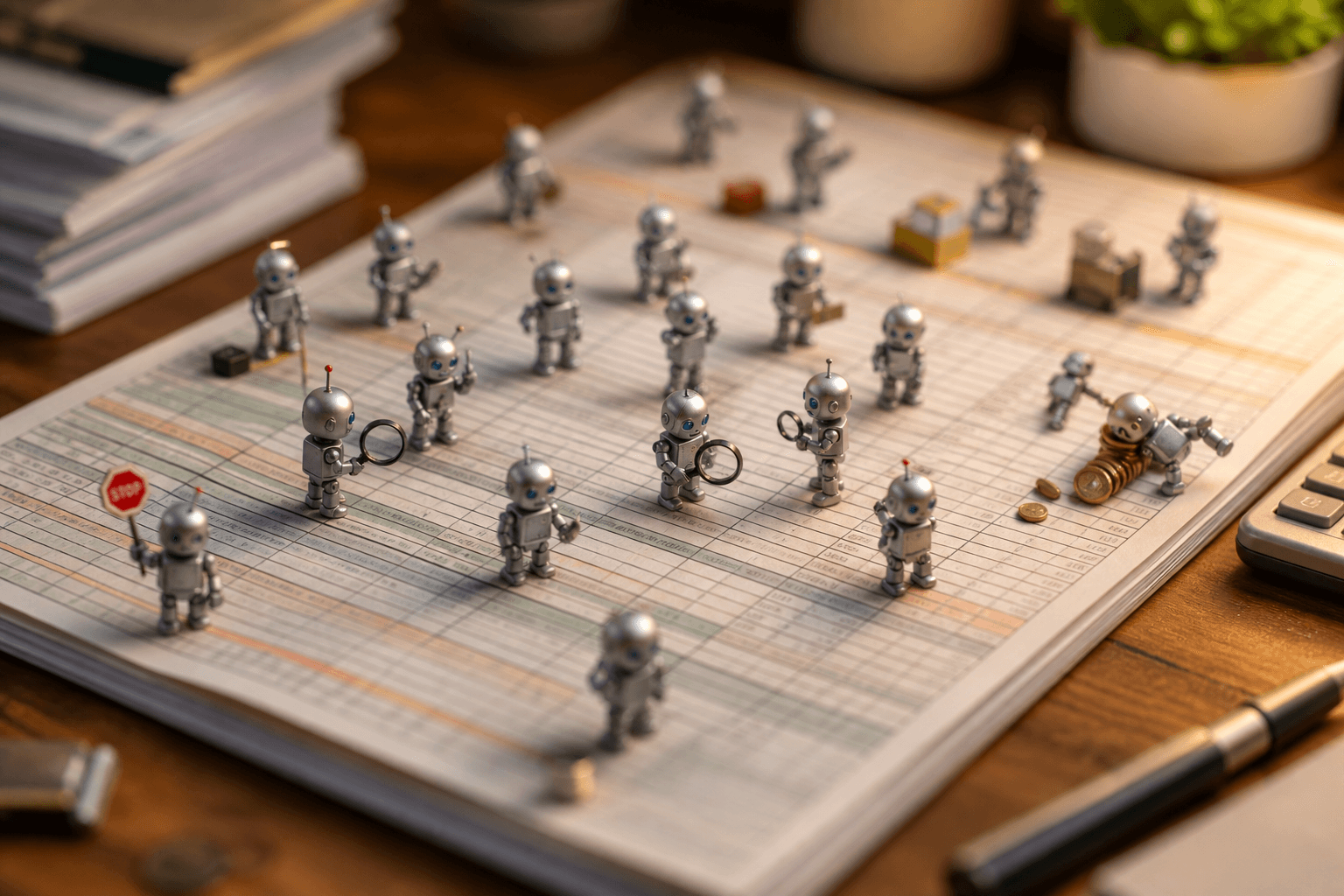 Tiny metal robots standing in the cells of a paper spreadsheet, some inspecting figures, one fallen over spilling coins.