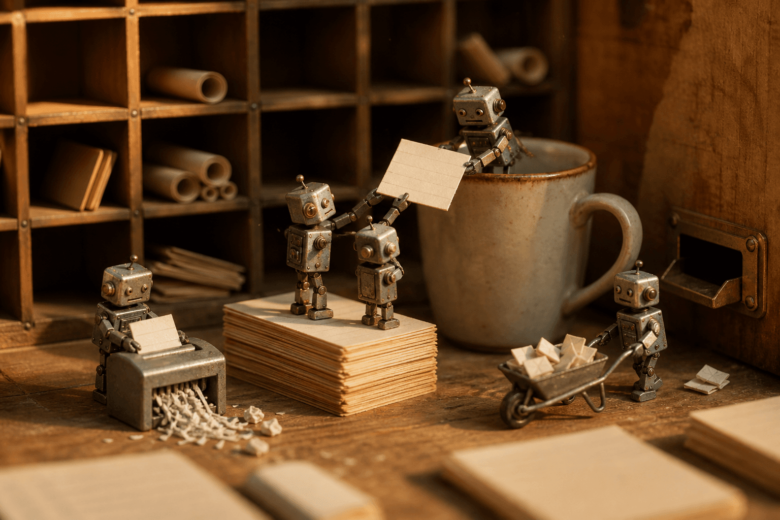 Miniature tin robots on a desk sorting index cards, wheeling paper slips, and shredding notes near tiny wooden cubbies.