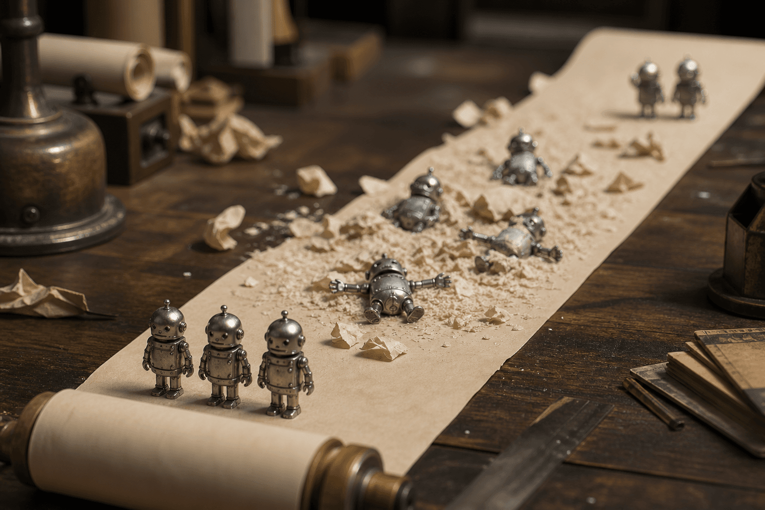 Tiny metal robots on a long paper scroll: alert at both ends, slumped and dust-covered in the middle