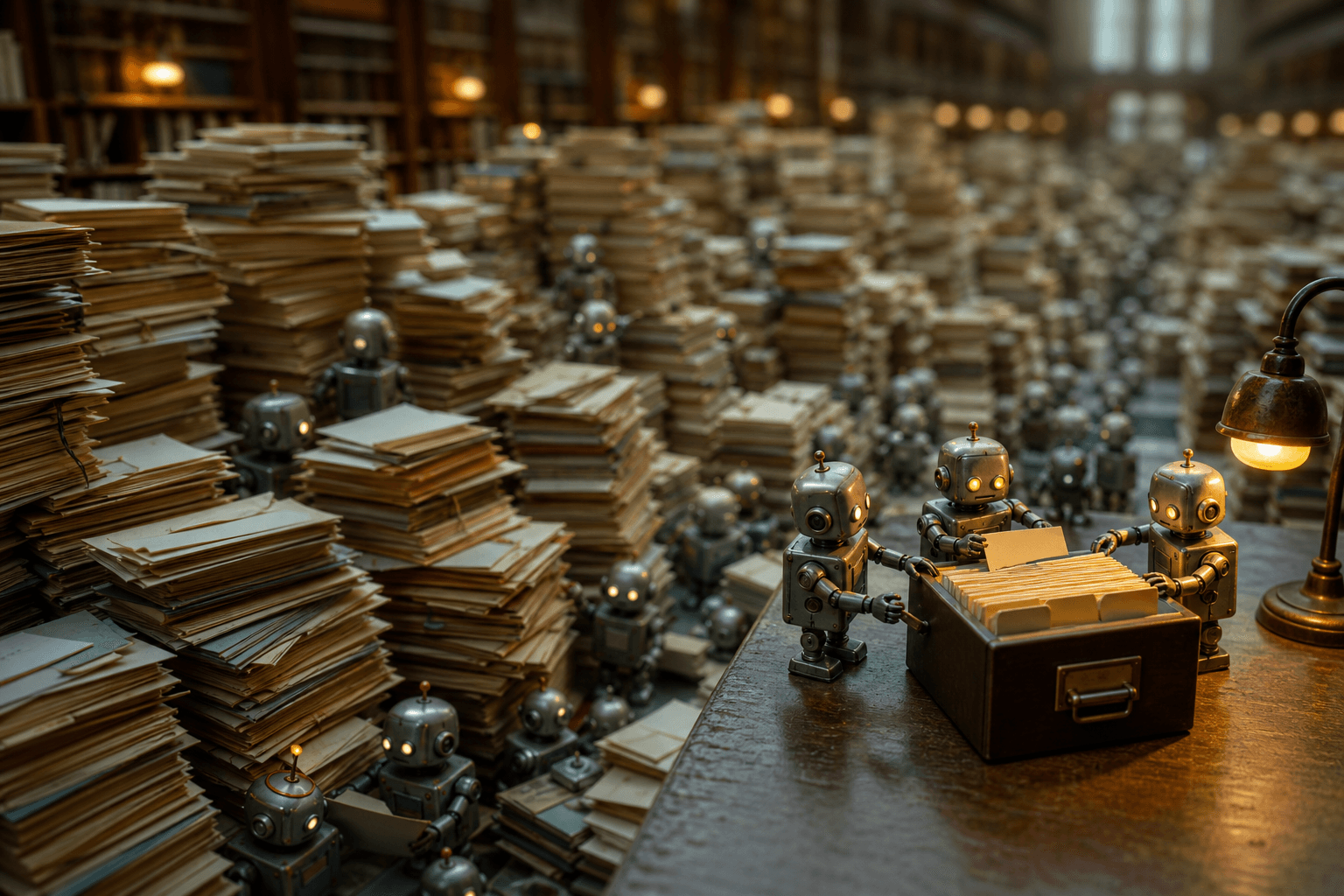 Tiny robots buried under huge paper stacks while a few pull select index cards from a small file box