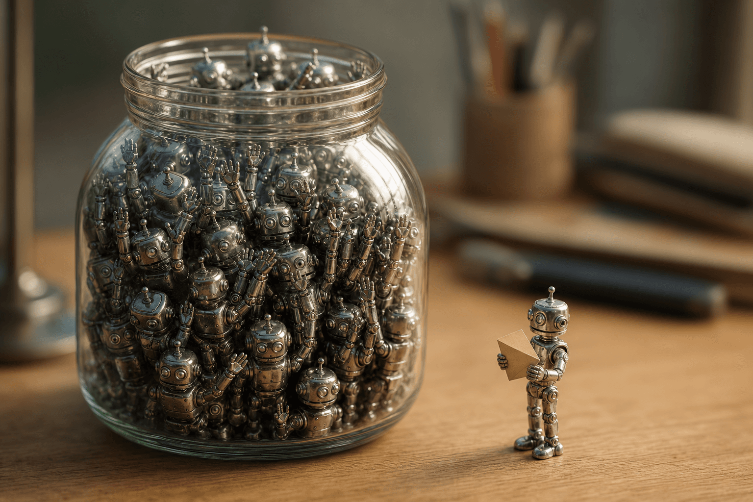 Tiny chrome robots crammed in a glass jar while one robot stands calmly outside holding a single card.