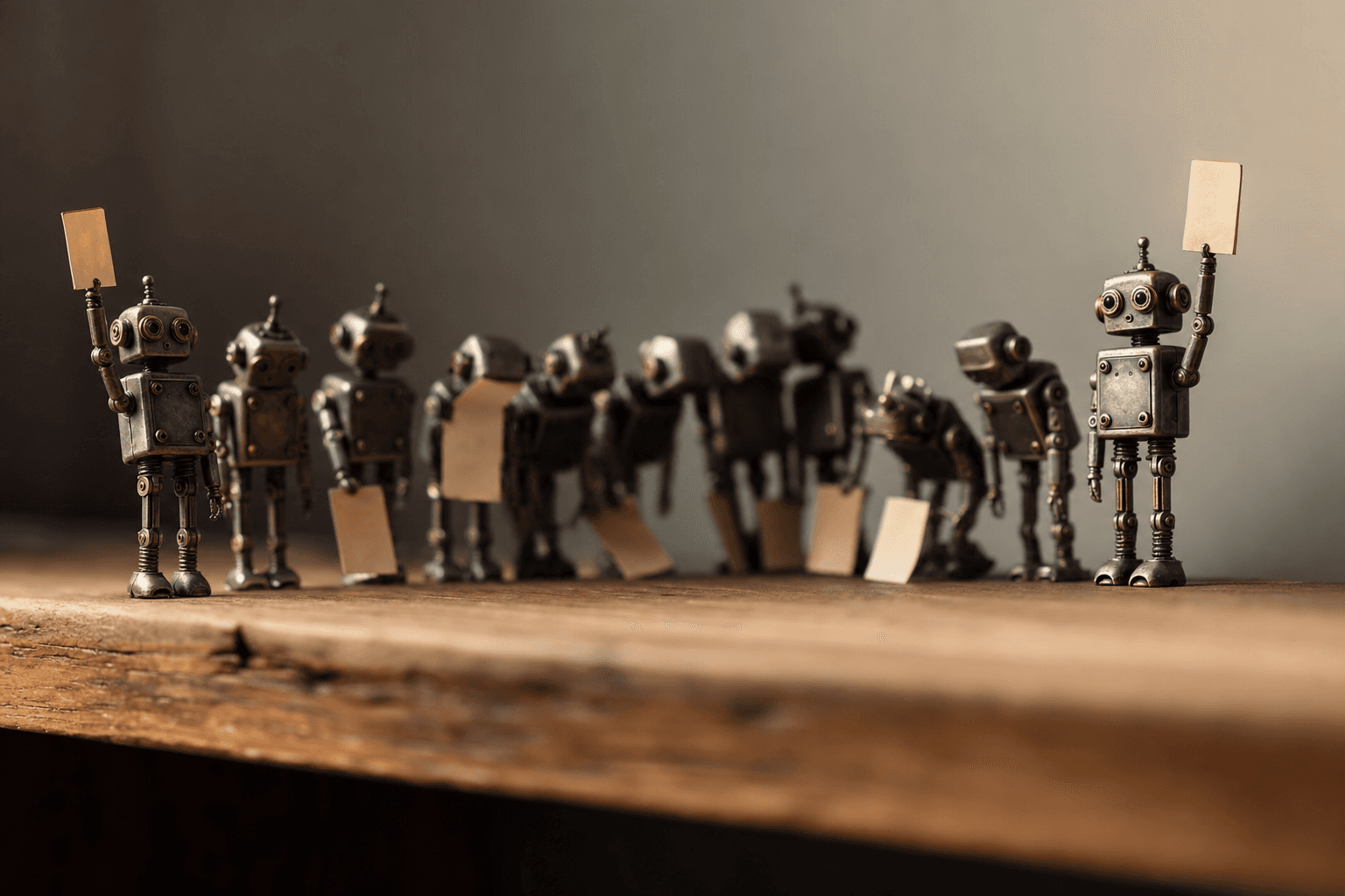 A row of tiny robots holding files; the end ones stand alert while the middle ones slump in shadow.