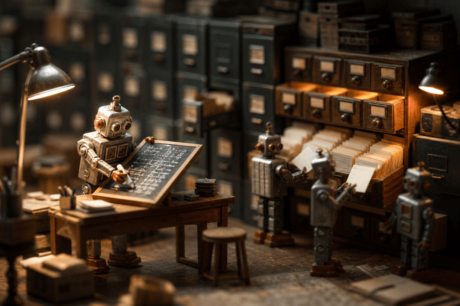 Tiny tin robot scribbling on a small chalkboard while other tiny robots file index cards into cabinets behind it.