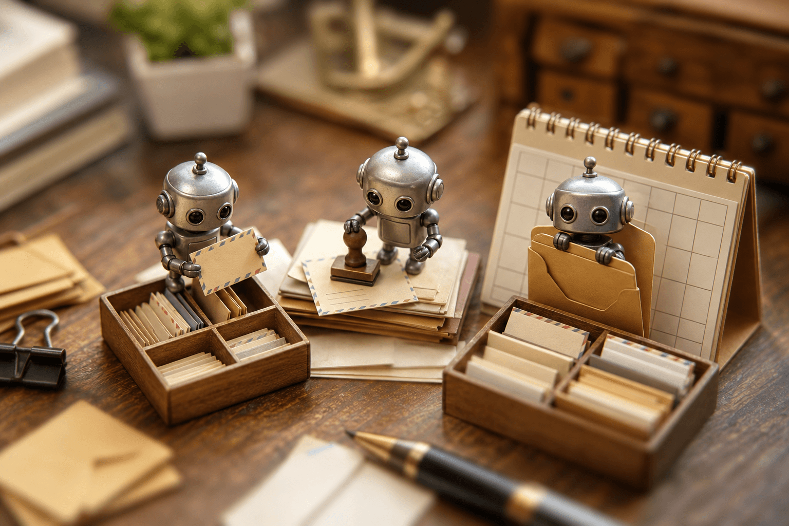 Three tiny metal robots sorting miniature letters, stamping a document, and peeking from a folder on a desk.