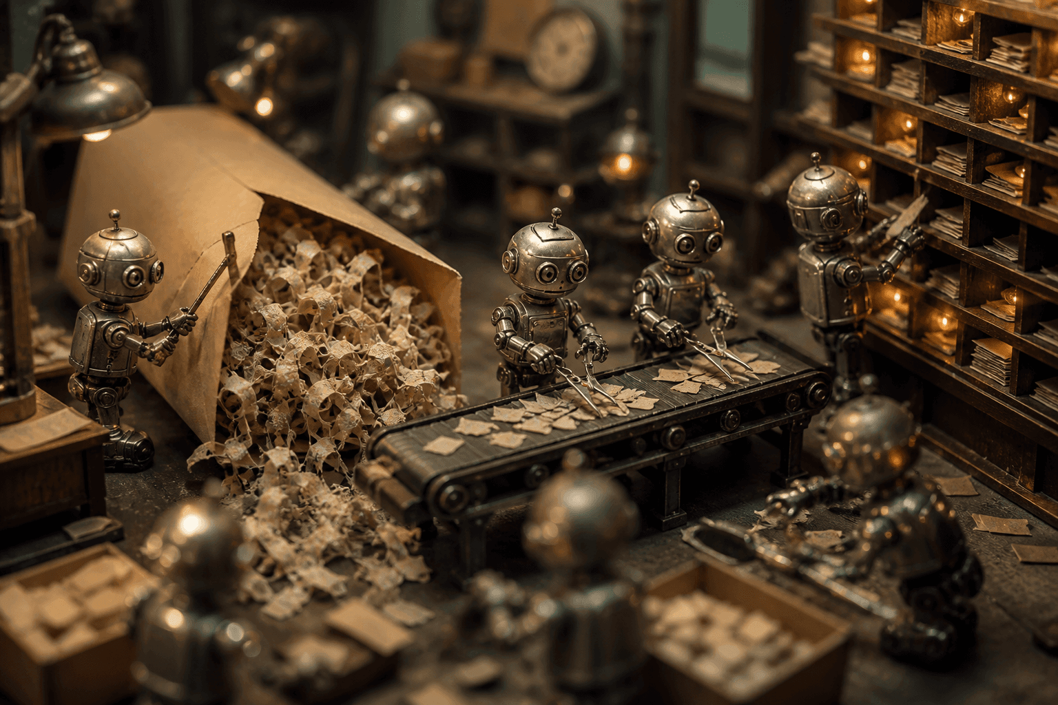 Tiny metal robots in a doll-house mail room untangling a paper wad and filing neat chips into pigeonhole slots