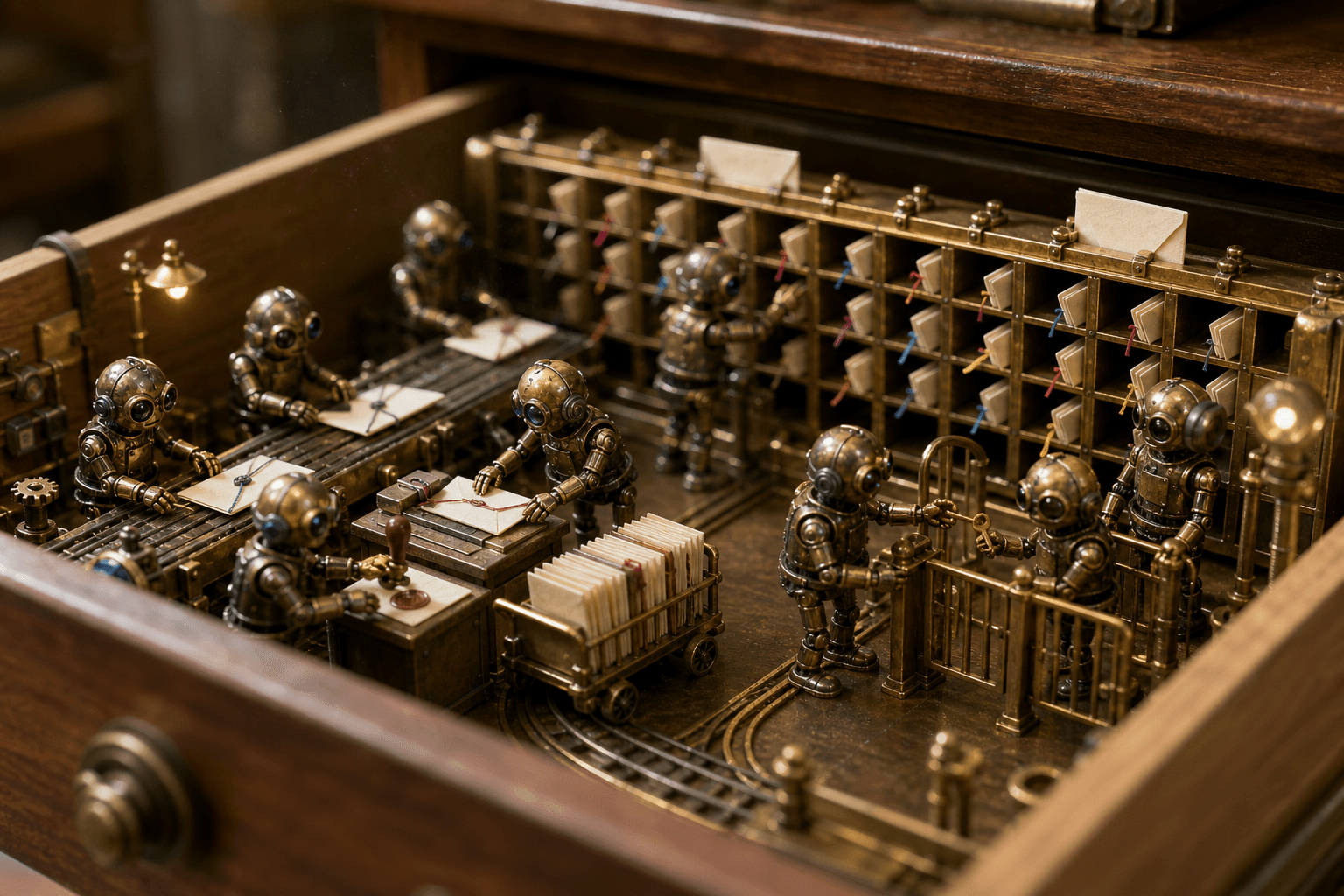 Tiny brass robots sorting blank envelopes and folders in a miniature mailroom inside a desk drawer