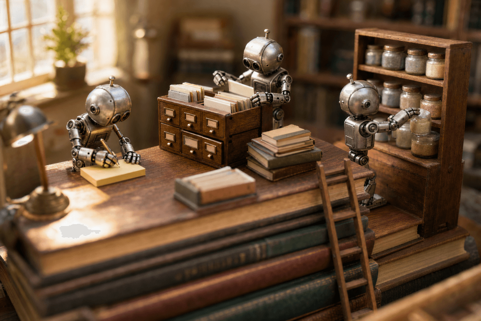 Three tiny robots at a miniature desk: one writing notes, one filing index cards, one shelving labeled jars.