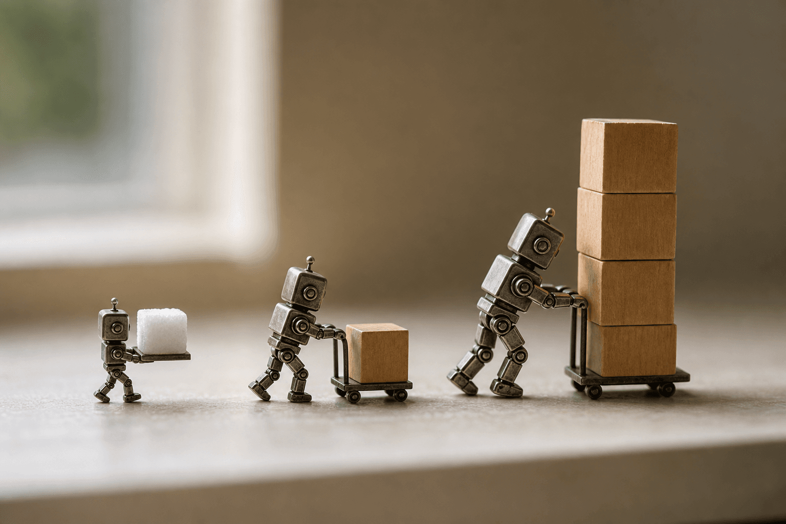 Three tiny metal robots in a row, each carrying loads scaled to its size, from a single cube to a tall stack.