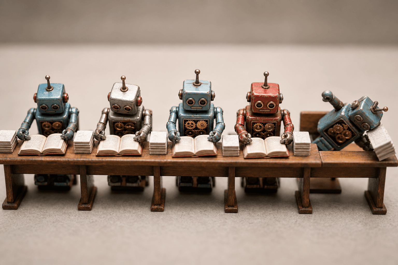 Tiny tin toy robots at a miniature desk reading books and papers, one tipping over, gears visible in their chests