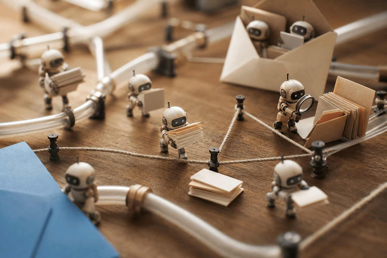 Tiny robots carrying paper documents and folders along strings across a desk, one inspecting a folder with a magnifying